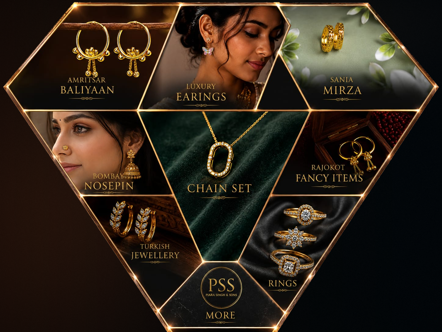 PSS jewellery category diamond with Amritsar Baliyaan, Luxury Earings, Sania Mirza, Bombay Nosepin, Chain Set, Rajokot Fancy Items, Turkish Jewellery, Rings, and More